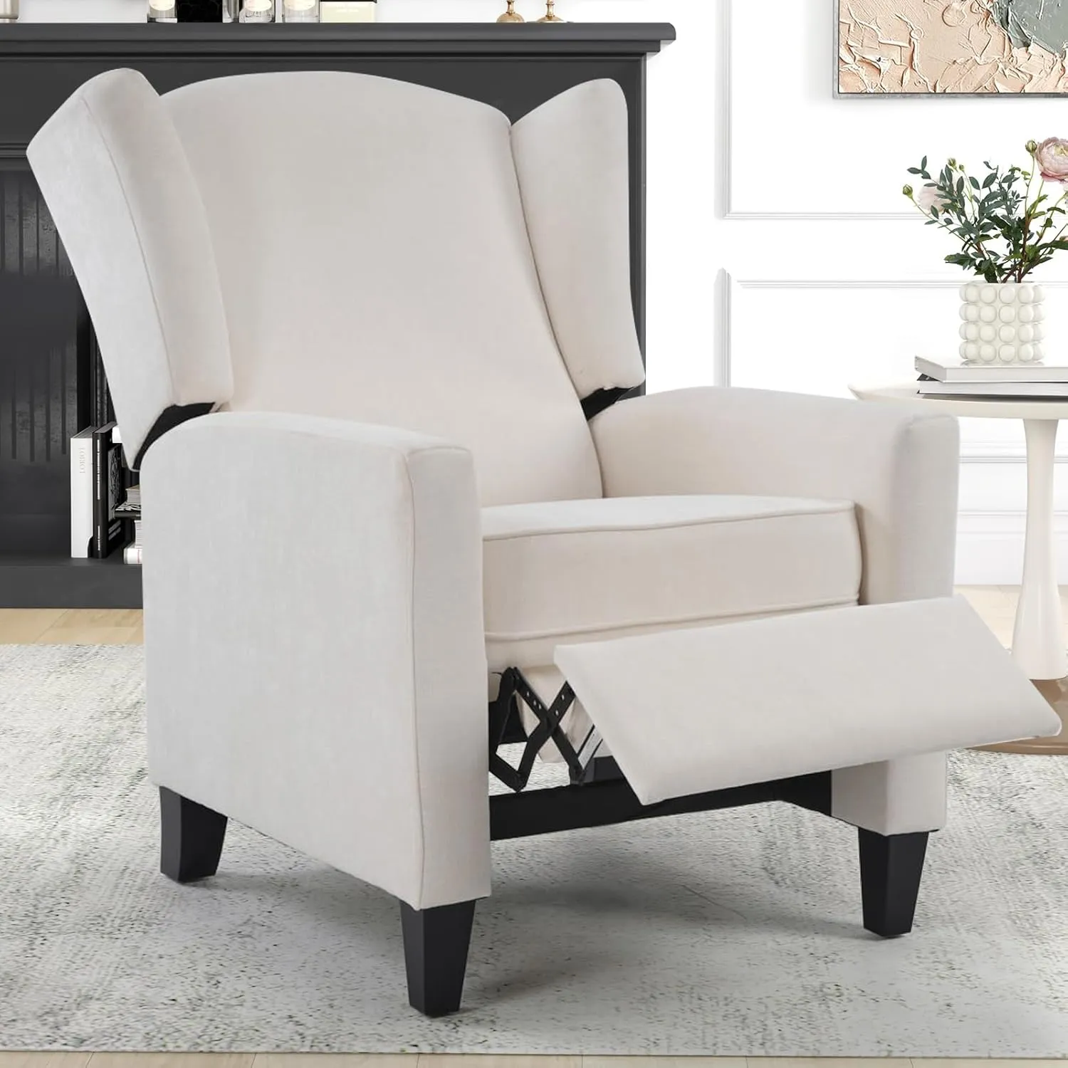 Wingback Pushback Recliner Chair Fabric Lounge Armchair Push Back Single Sofa Chair with Padded Seat Solid Wood Legs for Living Room, Mid Century Modern Recliner (White)