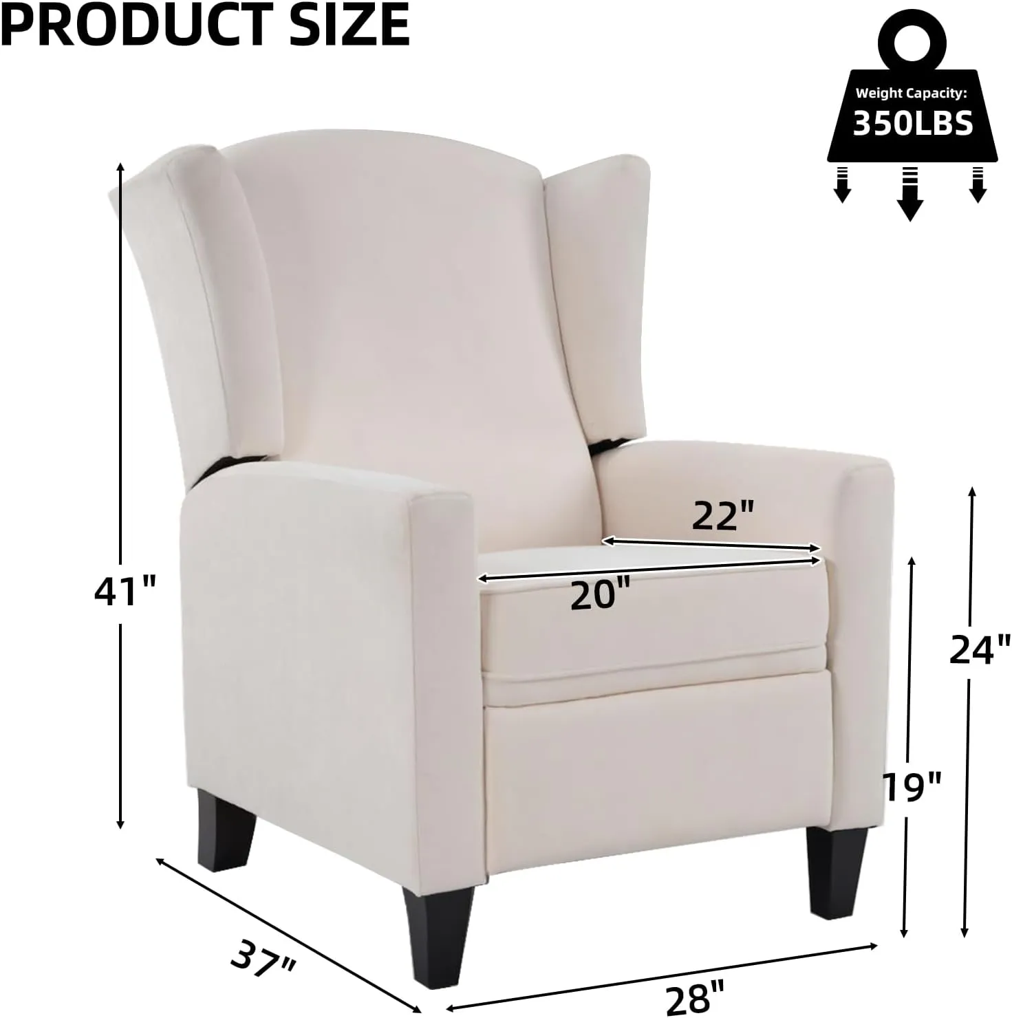 Wingback Pushback Recliner Chair Fabric Lounge Armchair Push Back Single Sofa Chair with Padded Seat Solid Wood Legs for Living Room, Mid Century Modern Recliner (White)