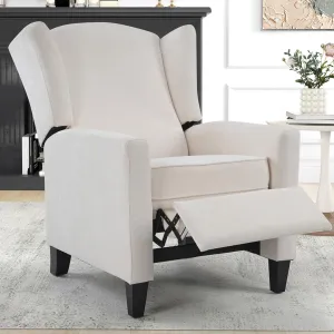 Wingback Pushback Recliner Chair Fabric Lounge Armchair Push Back Single Sofa Chair with Padded Seat Solid Wood Legs for Living Room, Mid Century Modern Recliner (White)