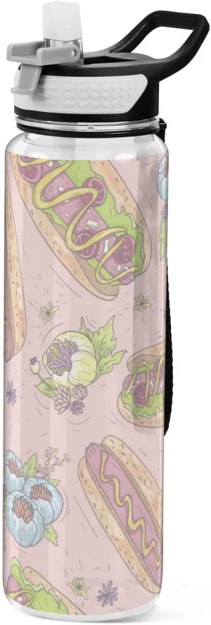 Wusikd Hot Dogs Flowers Water Bottle Tritan BPA-Free Drink and Straw Leakproof Motivational Fast Food Drinking Water Bottles with Carrying Strap for Office, Gym, Outdoor Sports