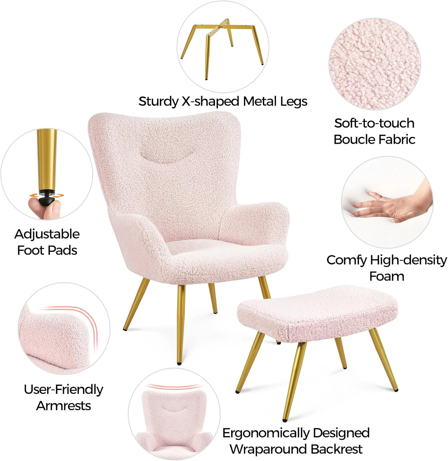Yaheetech Accent Chair with Ottoman, Boucle Fabric Armchair Footstool, Modern and Cozy Vanity Chair with Golden Legs for Living Room, Lounge, Makeup Room, Bedroom, Pink