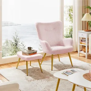 Yaheetech Accent Chair with Ottoman, Boucle Fabric Armchair Footstool, Modern and Cozy Vanity Chair with Golden Legs for Living Room, Lounge, Makeup Room, Bedroom, Pink