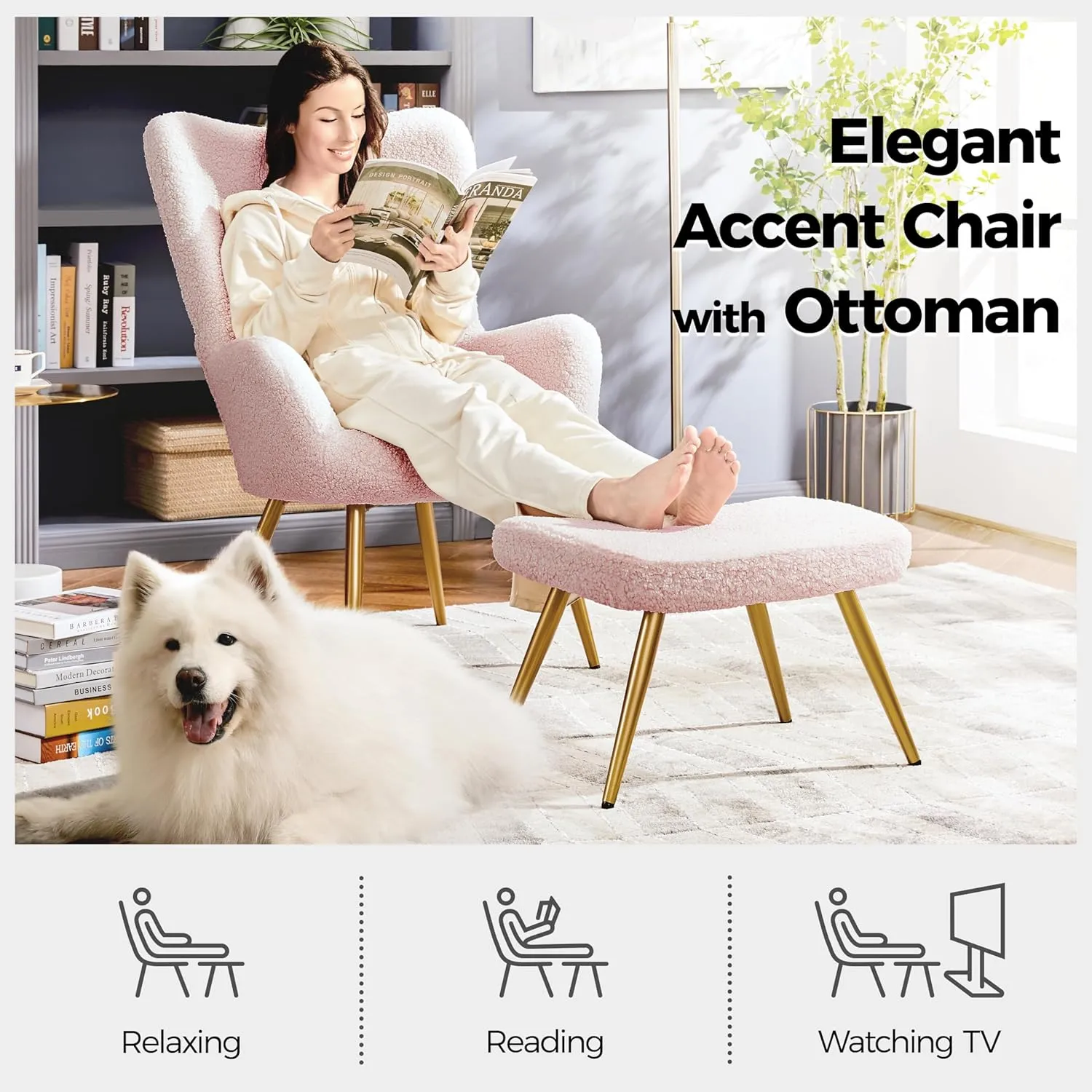Yaheetech Accent Chair with Ottoman, Boucle Fabric Armchair Footstool, Modern and Cozy Vanity Chair with Golden Legs for Living Room, Lounge, Makeup Room, Bedroom, Pink