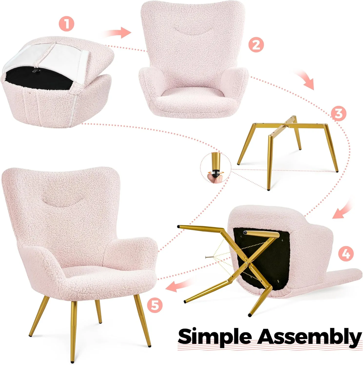 Yaheetech Accent Chair with Ottoman, Boucle Fabric Armchair Footstool, Modern and Cozy Vanity Chair with Golden Legs for Living Room, Lounge, Makeup Room, Bedroom, Pink