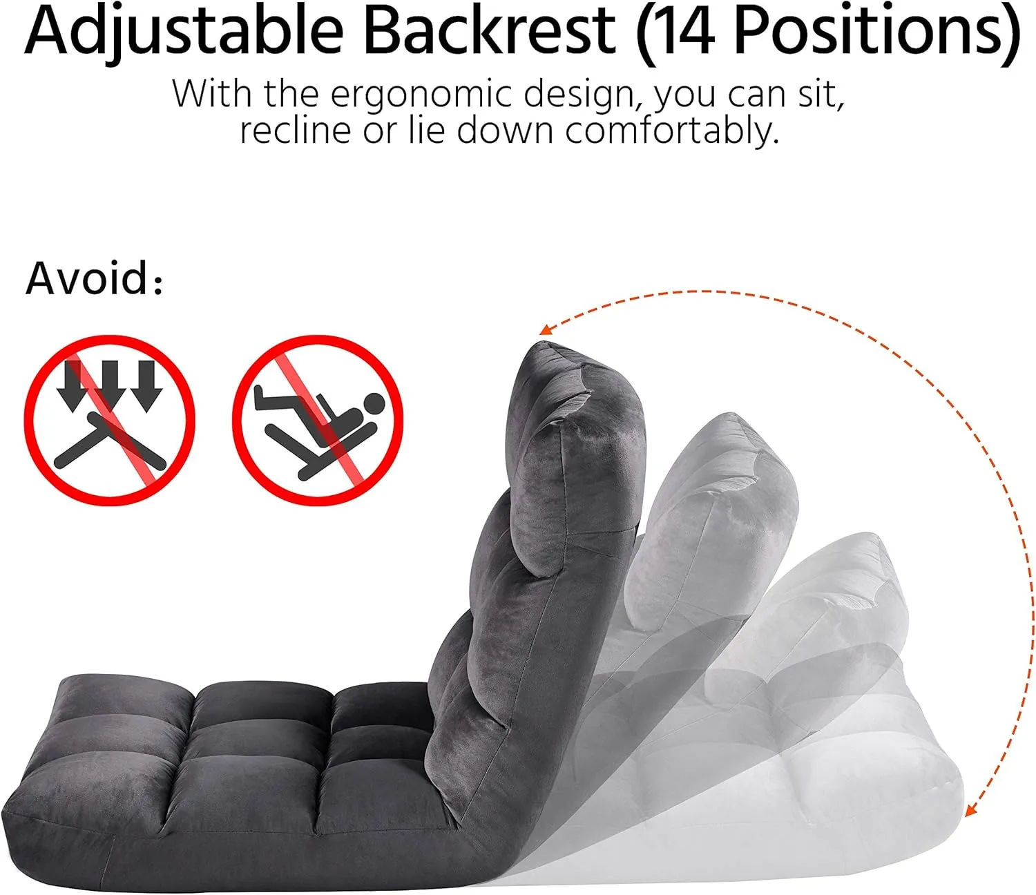 Yaheetech Floor Folding Chair with Back Support, Padded Folding Gaming Sofa Chair with 14 Adjustable Backrest, Adults Couch Recliner, Floor Seating Lounge Chair, Armless Meditation Chair, Gray