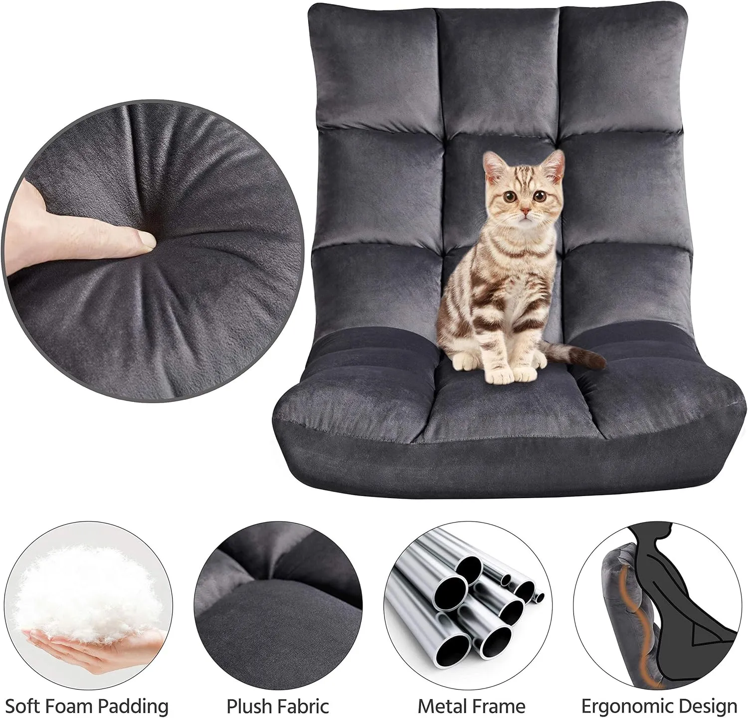 Yaheetech Floor Folding Chair with Back Support, Padded Folding Gaming Sofa Chair with 14 Adjustable Backrest, Adults Couch Recliner, Floor Seating Lounge Chair, Armless Meditation Chair, Gray