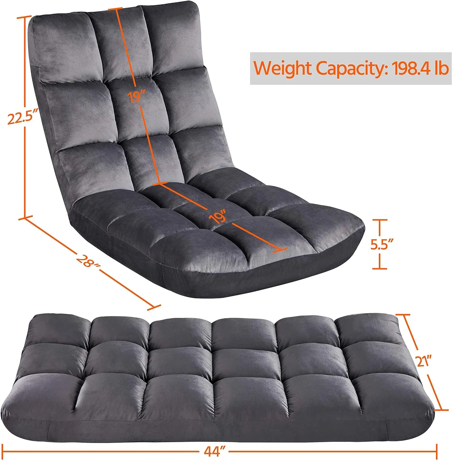 Yaheetech Floor Folding Chair with Back Support, Padded Folding Gaming Sofa Chair with 14 Adjustable Backrest, Adults Couch Recliner, Floor Seating Lounge Chair, Armless Meditation Chair, Gray