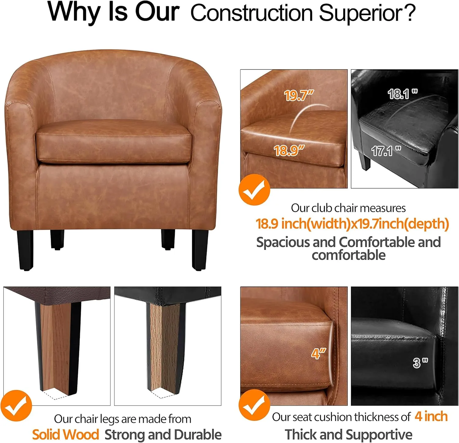 Yaheetech Leather Accent Chair, Faux Leather Armchair, Modern Barrel Club Chair with Soft Seat for Living Room Bedroom Reading Waiting Room, Brown