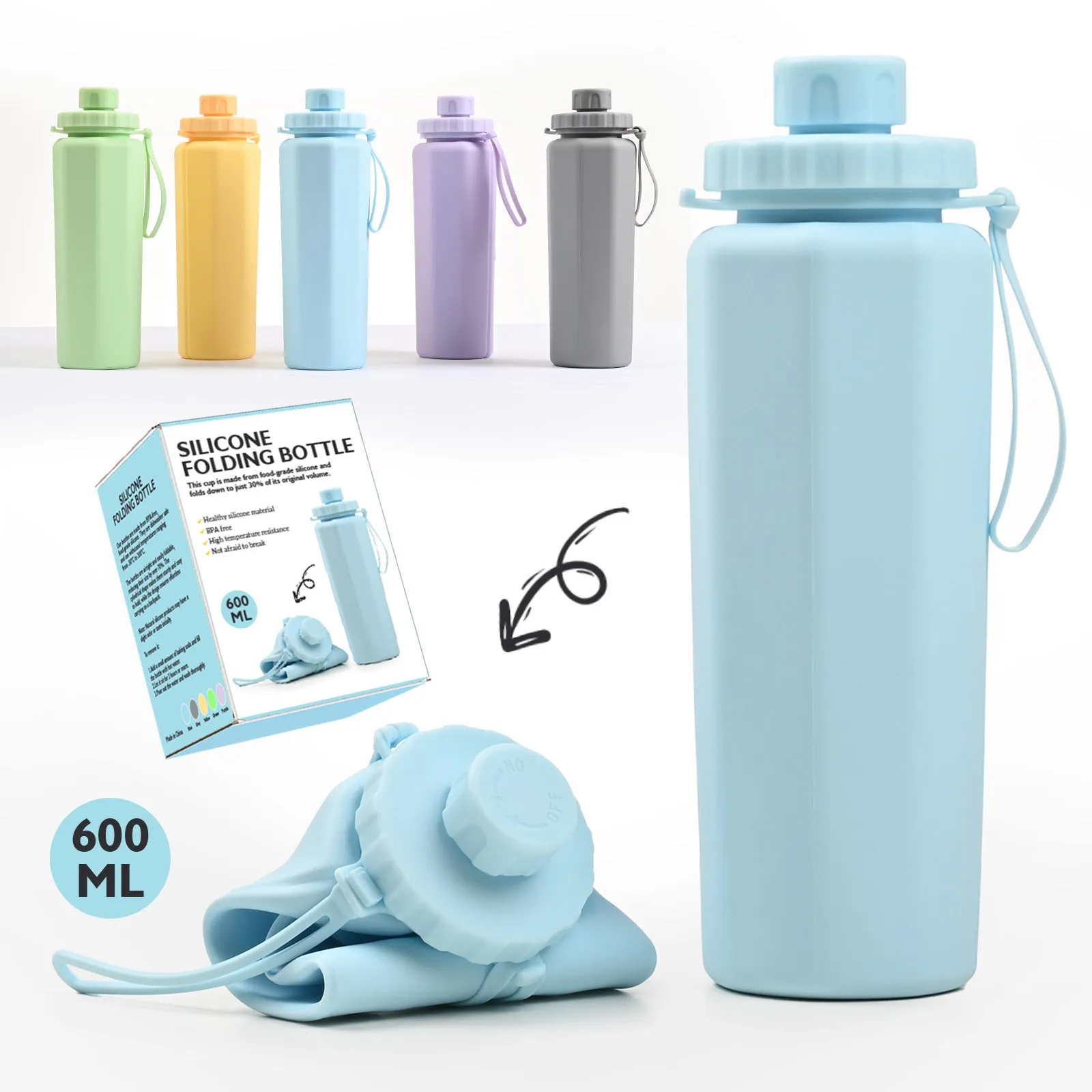 Yellow 600ml Silicone Collapsible Water Bottle