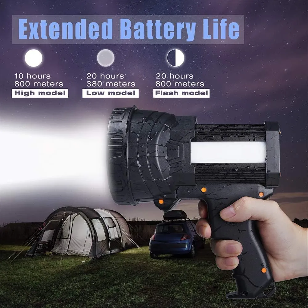 YIERBLUE Rechargeable Spotlight, Super Bright 1000 LM LED Flashlight Handheld Spotlight Long Lasting Large Flashlight Searchlight and Flood Camping Flashlight with Foldable Tripod Black