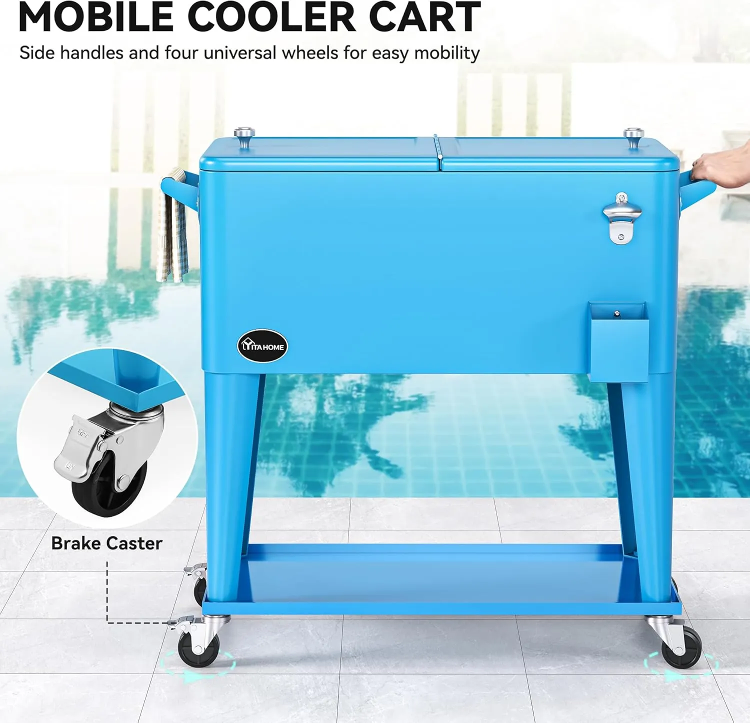 YITAHOME 80 Quart Patio Cooler Cart with Bottle Opener Drainage, Portable Rolling Beverage Cart for Pool Deck Party Cookouts