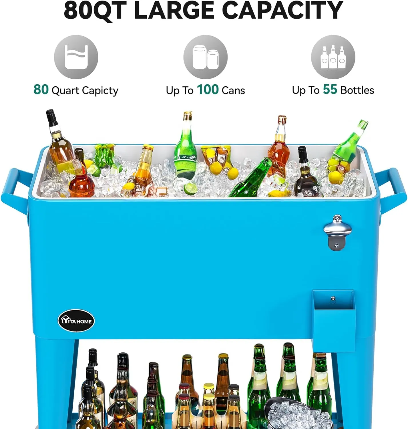 YITAHOME 80 Quart Patio Cooler Cart with Bottle Opener Drainage, Portable Rolling Beverage Cart for Pool Deck Party Cookouts