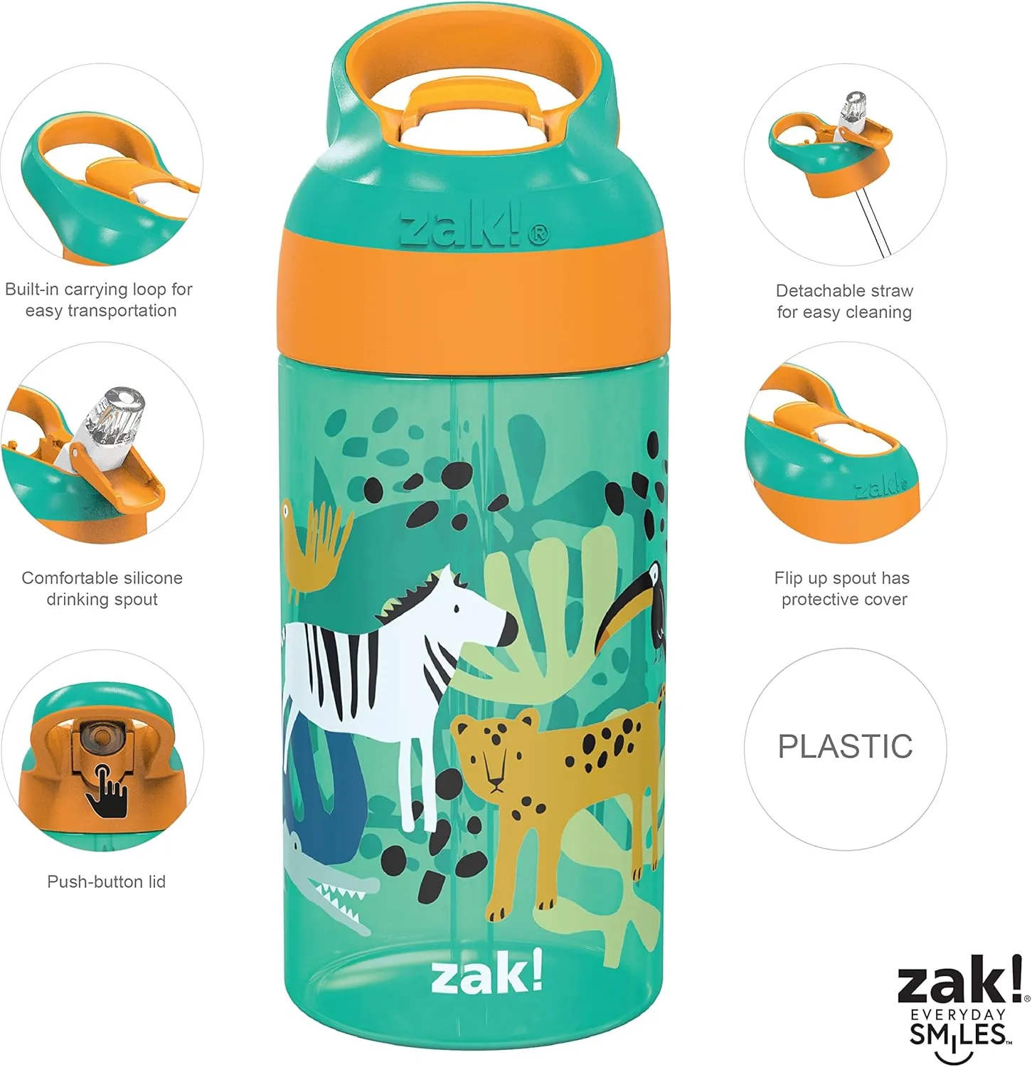 Zak Designs 16oz Riverside Kids Water Bottle with Spout Cover and Built-in Carrying Loop, Made of Durable Plastic, Leak-Proof Design for Travel (Dino Camo & Safari, Pack of 2)