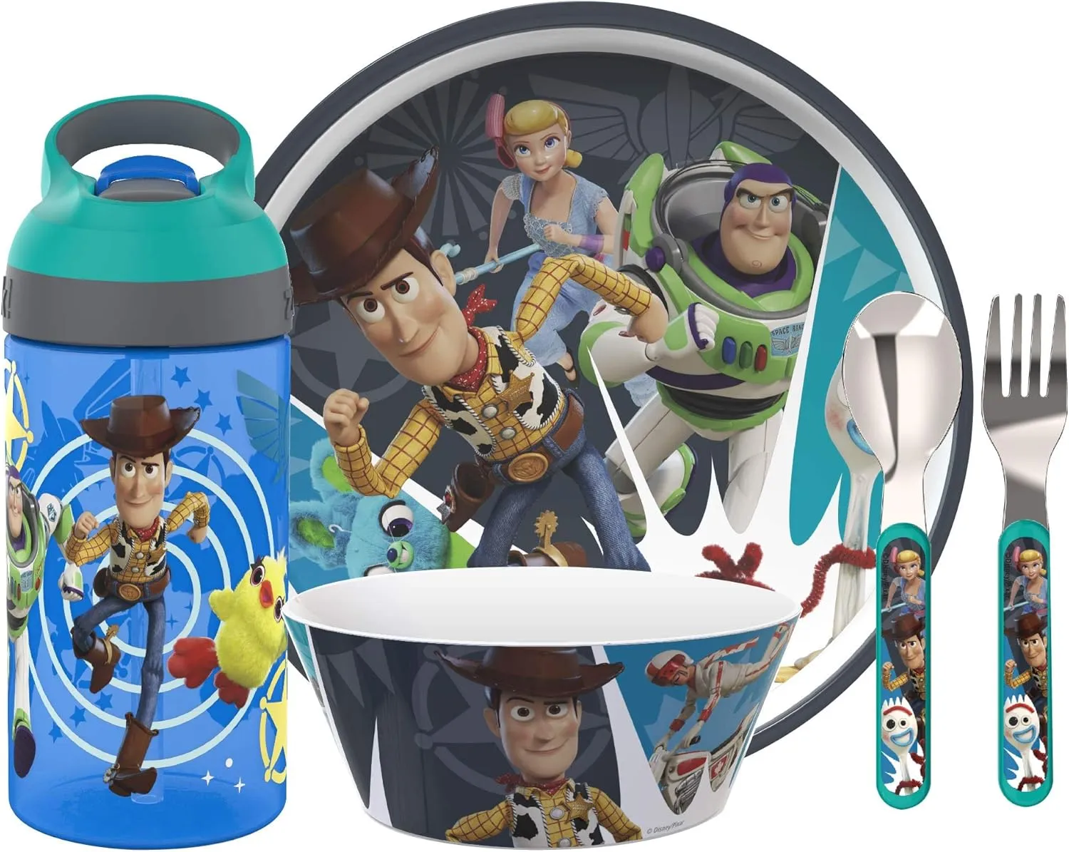 Zak Designs 5-Piece Dinnerware Set, Disney and Pixar Toy Story 4 - Durable Plastic & Stainless Steel - Includes Water Bottle, 8-Inch Plate, 6-Inch Bowl, Fork & Spoon - Suitable for Kids Ages 3 