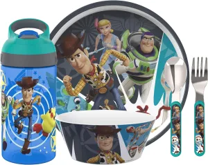 Zak Designs 5-Piece Dinnerware Set, Disney and Pixar Toy Story 4 - Durable Plastic & Stainless Steel - Includes Water Bottle, 8-Inch Plate, 6-Inch Bowl, Fork & Spoon - Suitable for Kids Ages 3 