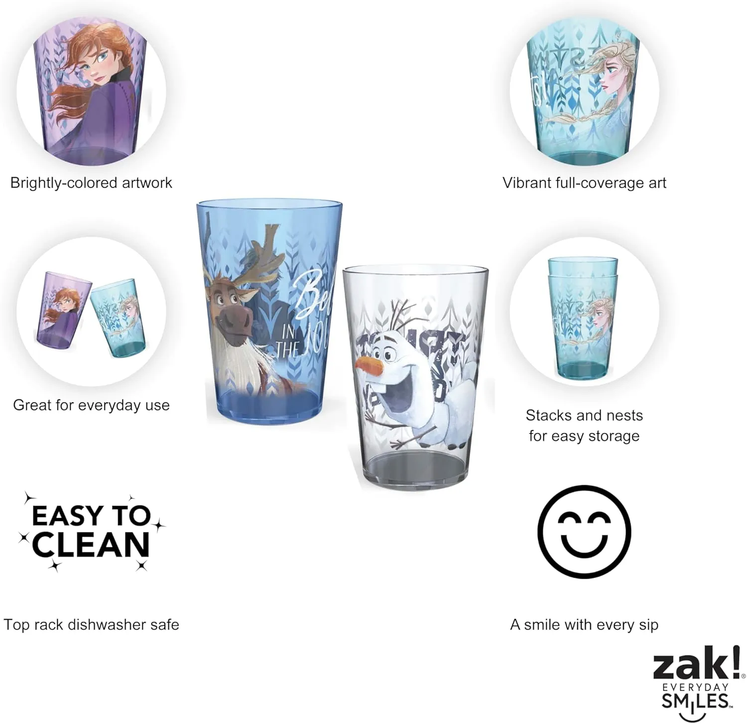 Zak Designs Disney Frozen 2 Nesting Tumbler Set Includes Durable Plastic Cups, Fun Drinkware is Perfect for Kids, 4pk (14.5oz, Anna & Elsa & Olaf)