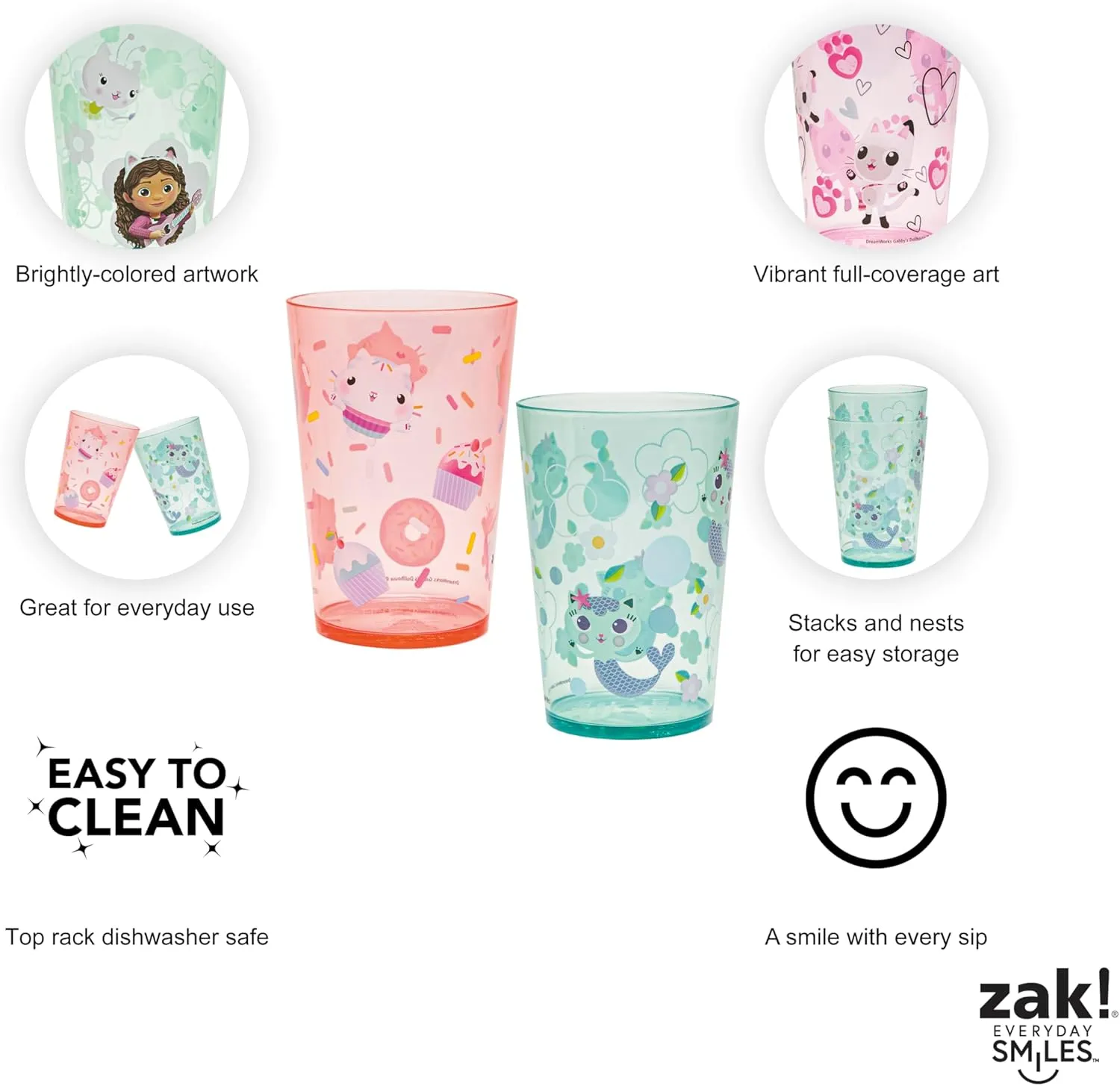 Zak Designs DreamWorks Gabby's Dollhouse Nesting Tumbler Set for At Home, 14.5oz Non-BPA Plastic Cups, 4-Pack (Gabby, Pandy Paws, Cakey Cat, Mercat, Kitty Fairy, Baby Box)