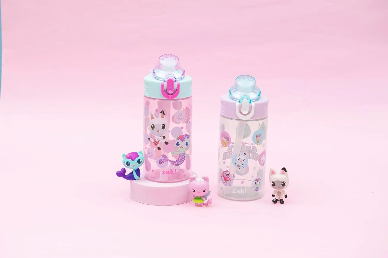 Zak Designs DreamWorks Gabby's Dollhouse Sage Kids Water Bottle For School or Travel, 16oz Durable Plastic Water Bottle With Straw and Leak-Proof, Pop-Up Spout Cover, 2-Pack Set (The Gabby Cats)