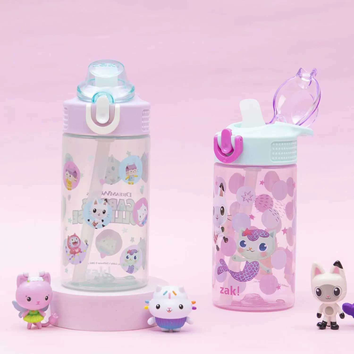 Zak Designs DreamWorks Gabby's Dollhouse Sage Kids Water Bottle For School or Travel, 16oz Durable Plastic Water Bottle With Straw and Leak-Proof, Pop-Up Spout Cover, 2-Pack Set (The Gabby Cats)