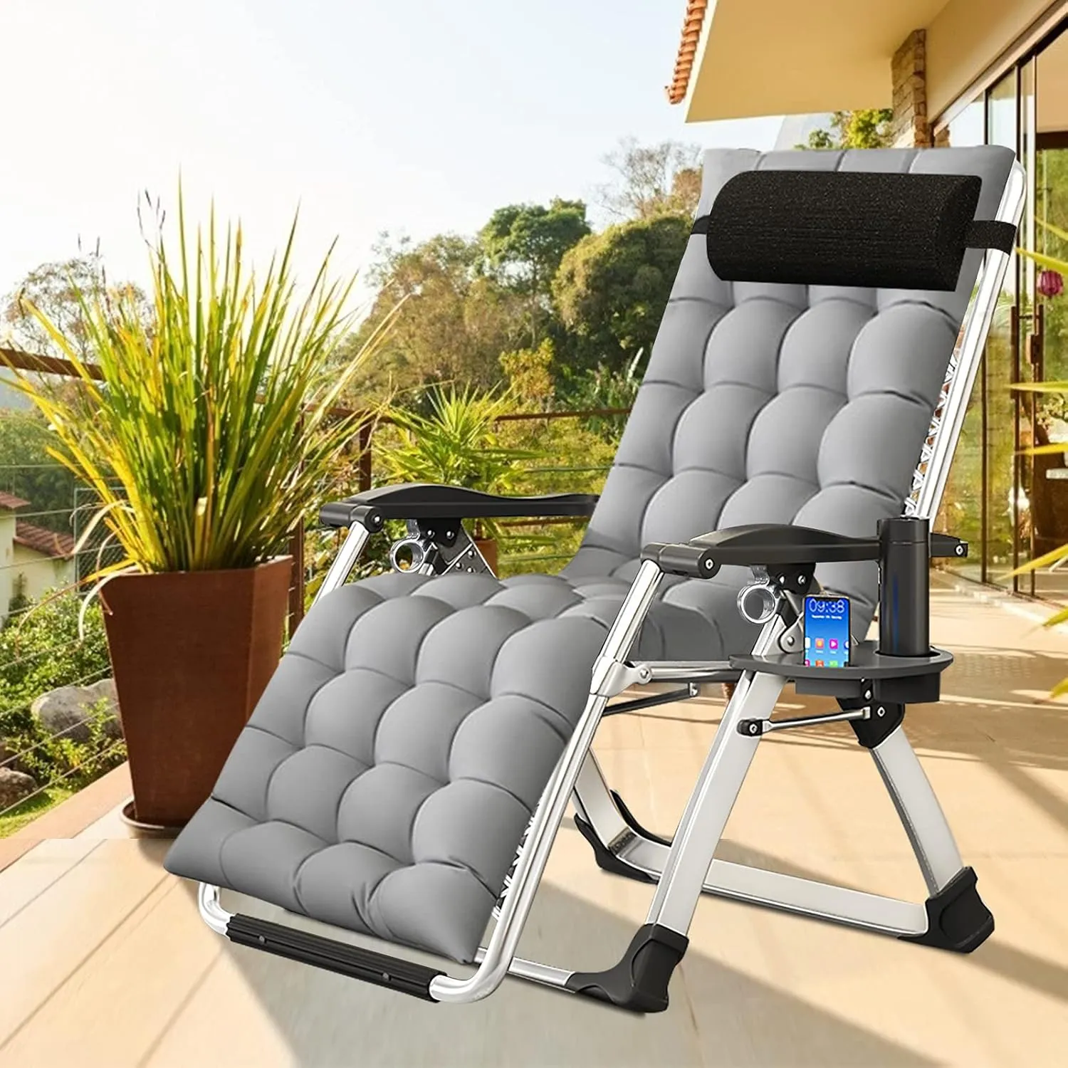 Zero Gravity Chair, Patio Recliner Folding Reclining Chair, Reclining Lounge Chair with Removable Cushion & Tray for Indoor and Outdoor